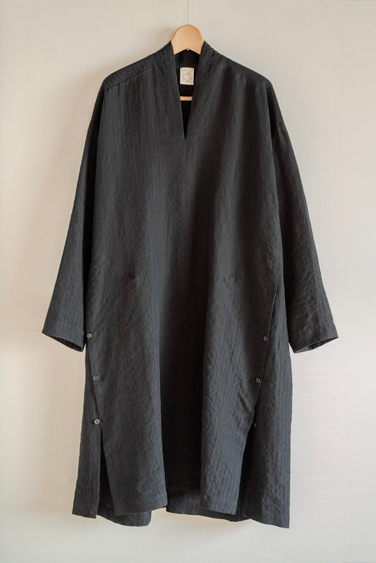 JAN-JAN VAN ESSCHE TUNIQUE AMPLE COL KIMONO COTON LIN RELIEF RAYÉ NOIR