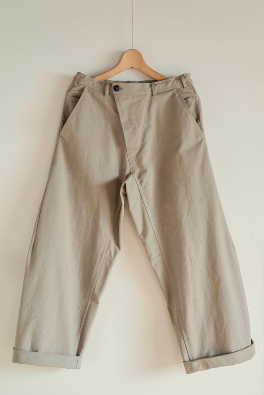 JAN-JAN VAN ESSCHE OVERSIZED 6-POCKET WORKWEAR STYLE TROUSERS CHAMBRAY CANVAS BROWN GREEN