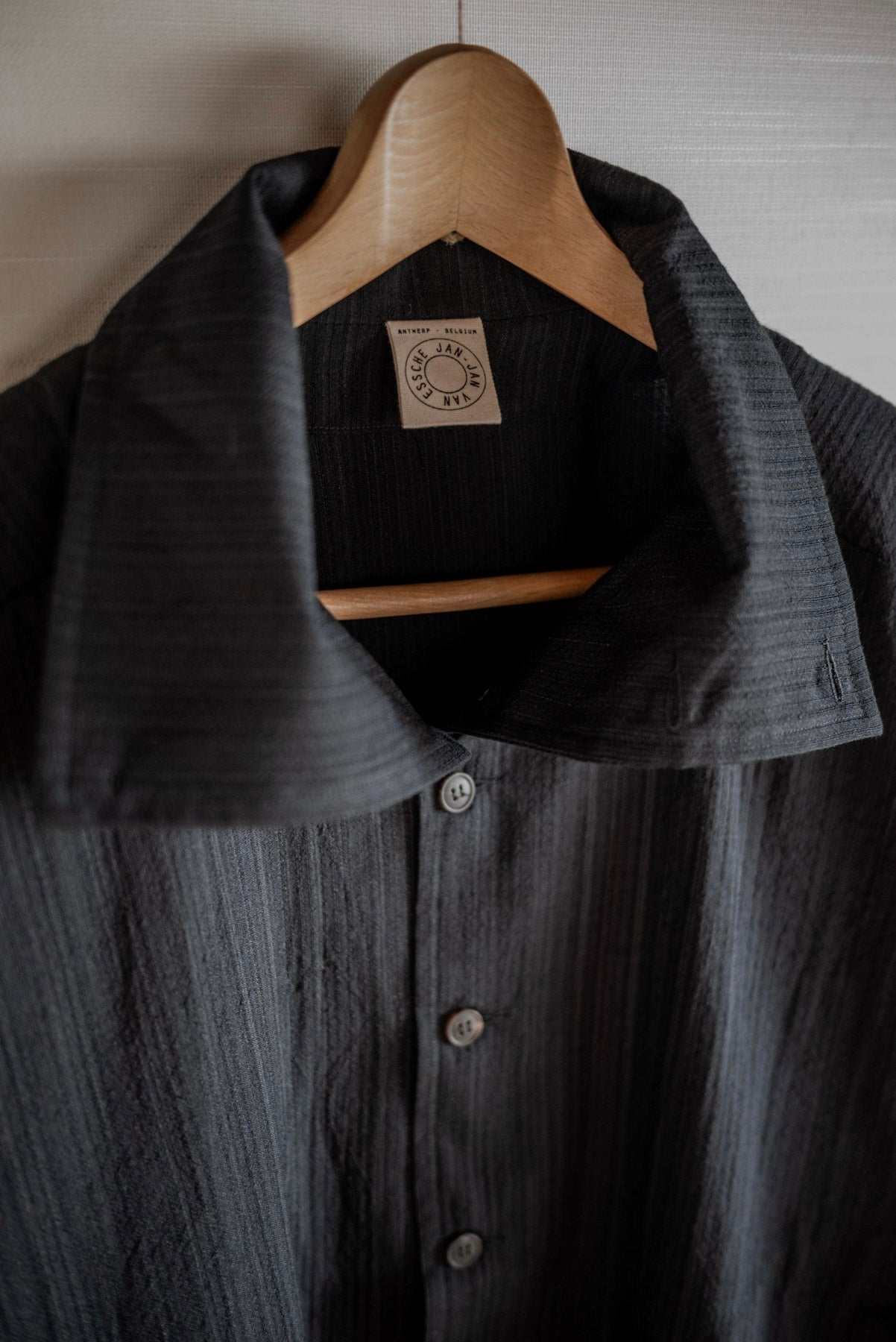 JAN-JAN VAN ESSCHE SHIRT JACKET WITH HIGH STANDING COLLAR DARK STRIPED