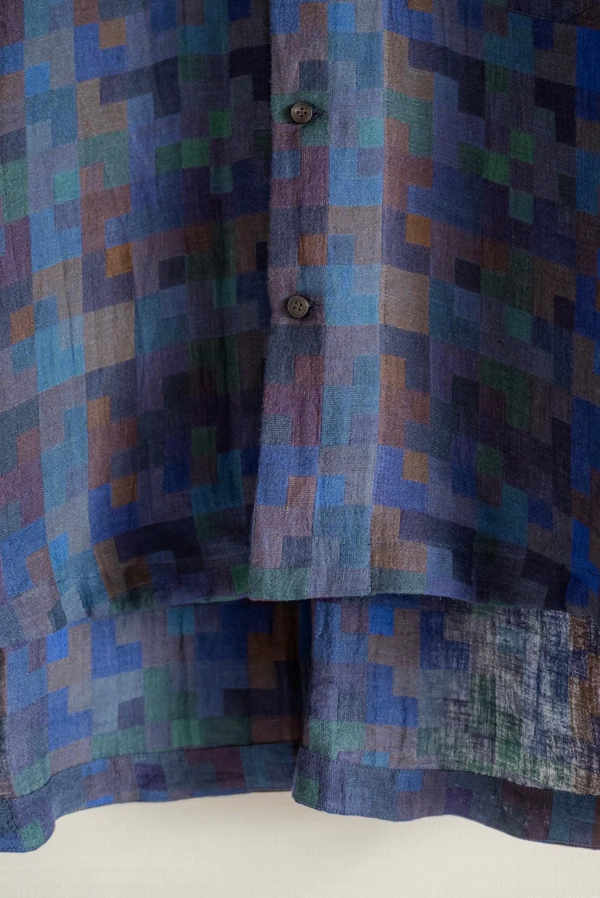 JAN-JAN VAN ESSCHE SHORT COLLARLESS SHIRT LINEN DOUBLE CLOTH PUZZLE