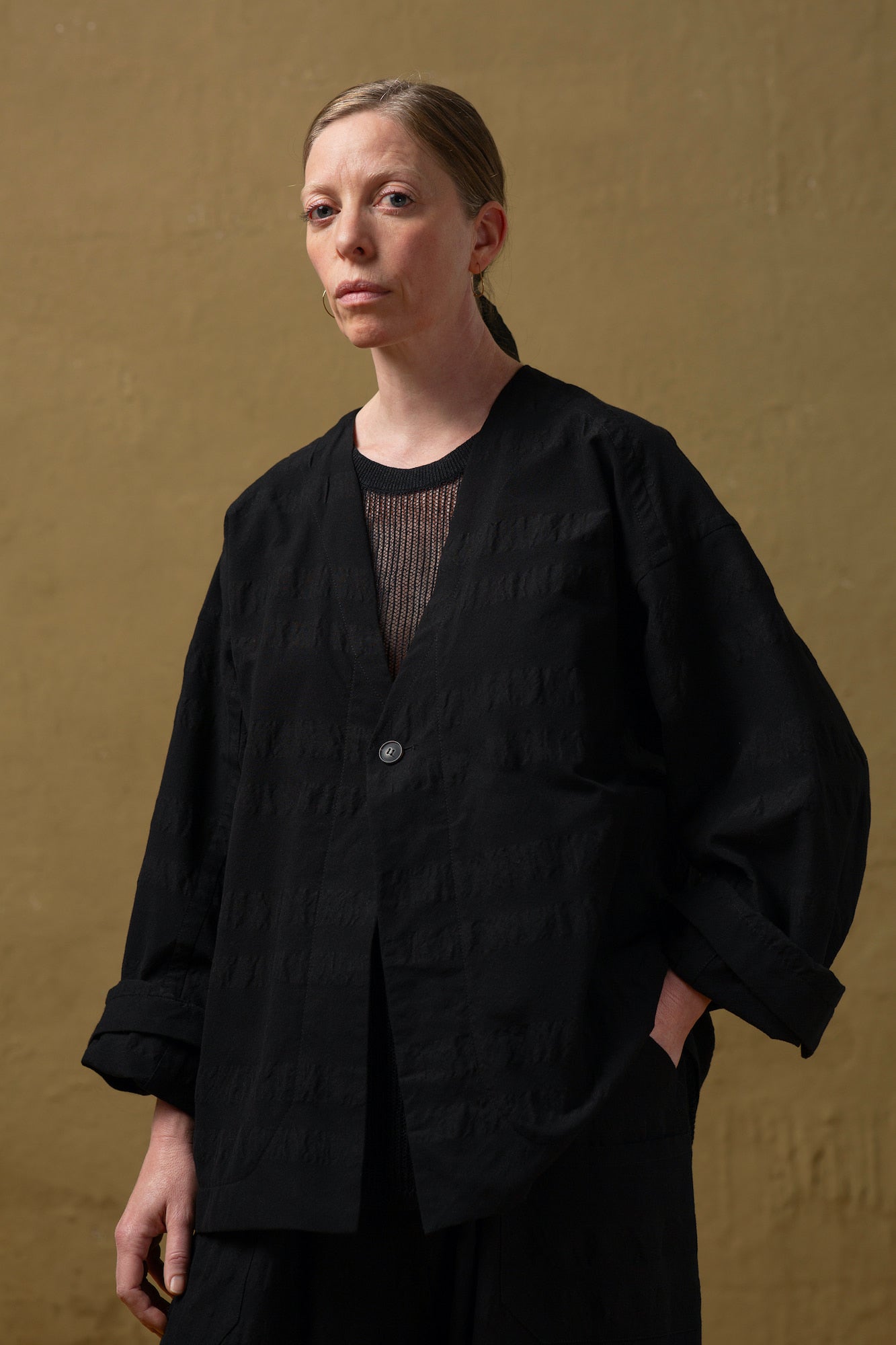 JAN-JAN VAN ESSCHE BLAZER SANS COL NON DOUBLÉ EN TISSU À LARGES RAYURES NOIR