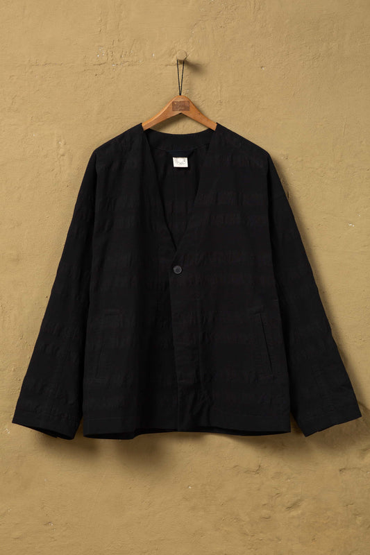 JAN-JAN VAN ESSCHE UNLINED COLLARLESS BLAZER BROAD STRIPE CLOTH BLACK