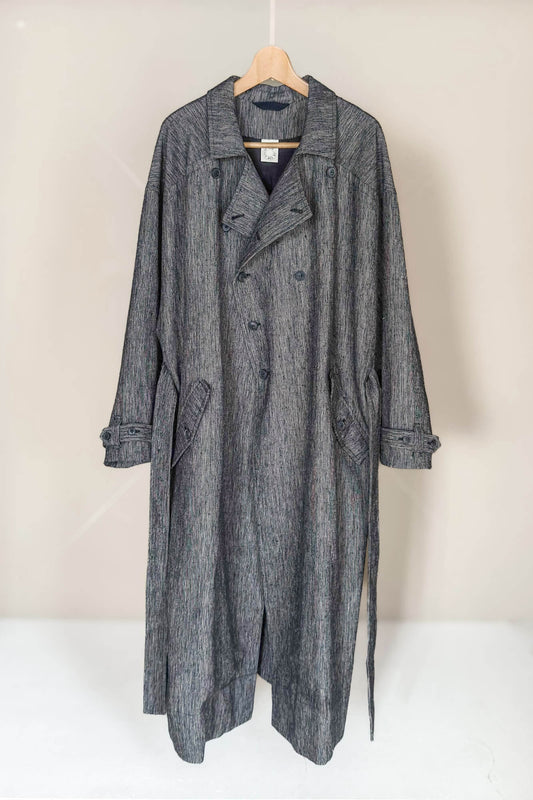 JAN-JAN VAN ESSCHE LOOSE FIT ARMY STYLE LONG COAT SILK LINEN CLOTH BLACK & WHITE