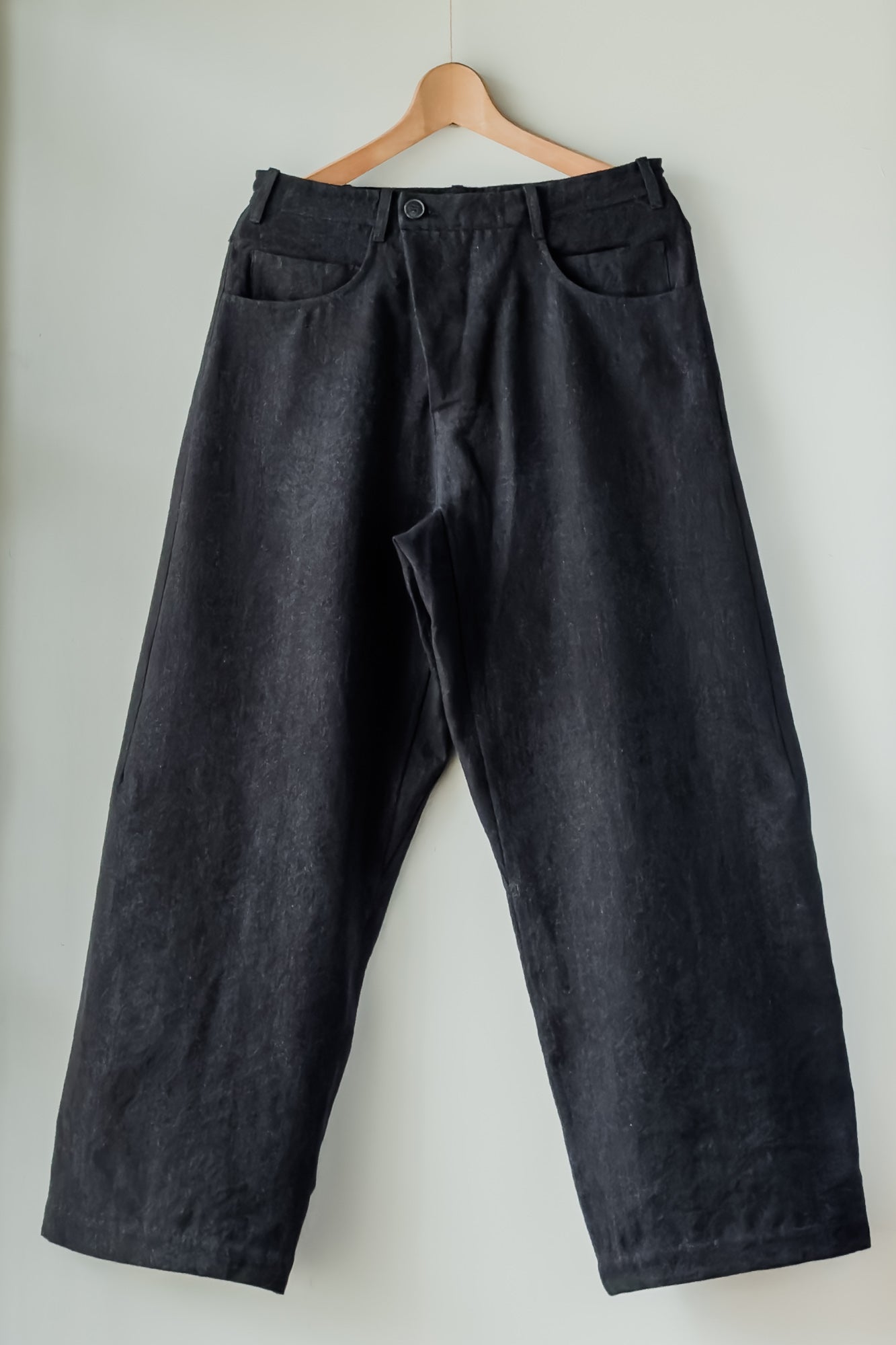 JAN-JAN VAN ESSCHE OVERSIZED 6 POCKET DENIM TROUSERS WOOL LINEN CANVAS BLACK MELE