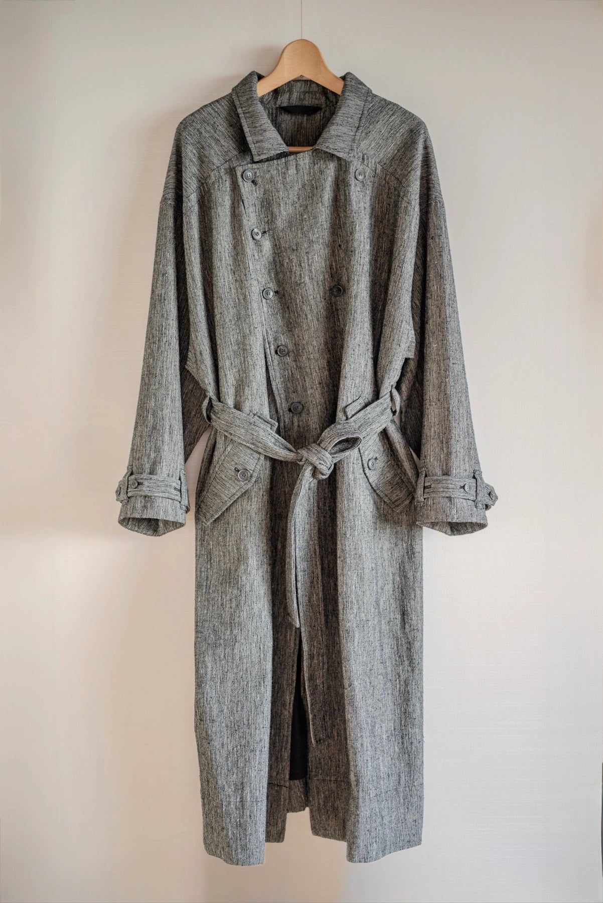 JAN-JAN VAN ESSCHE LOOSE FIT ARMY STYLE LONG COAT SILK LINEN CLOTH BLACK &amp; WHITE