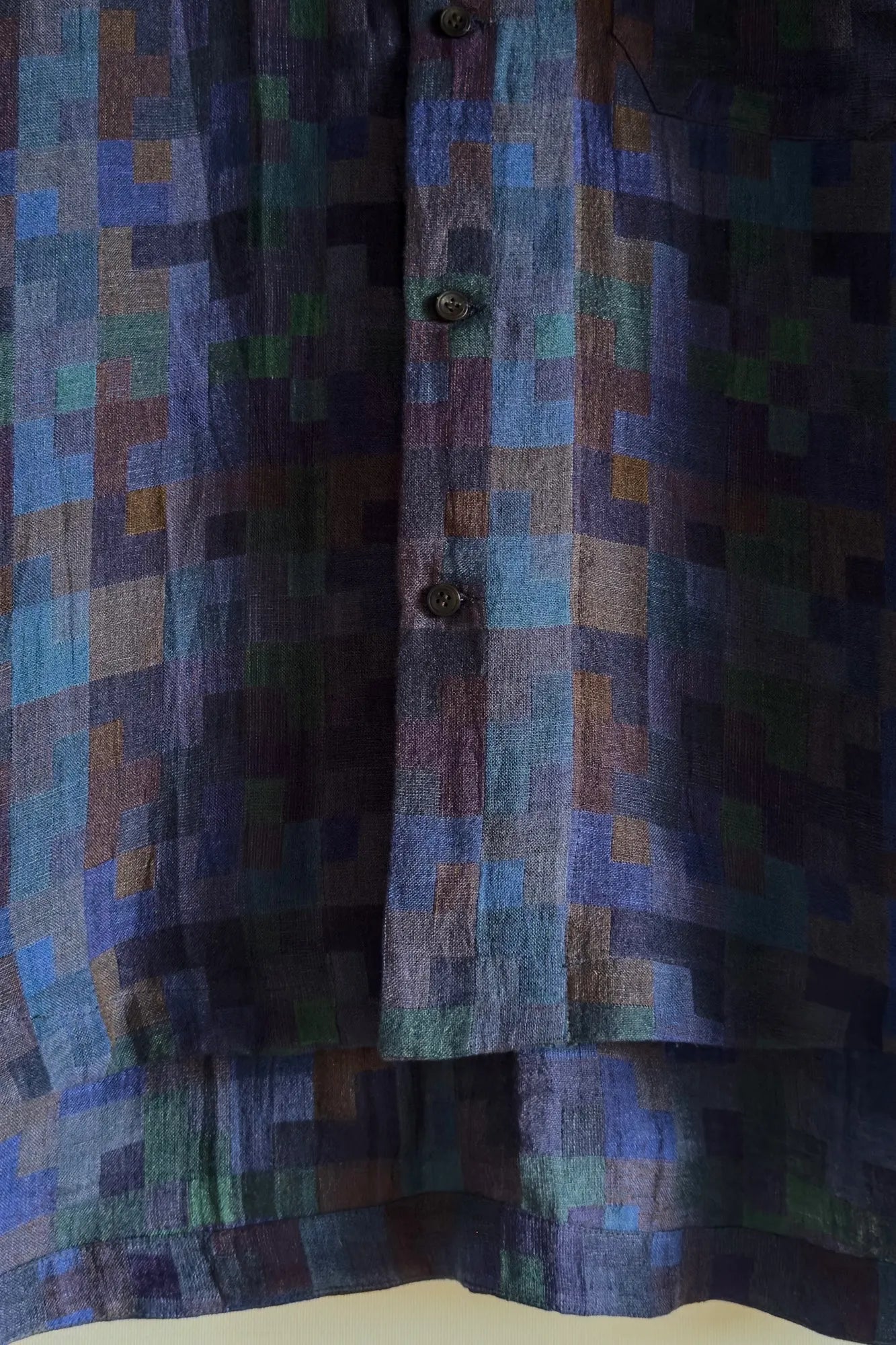 JAN-JAN VAN ESSCHE SHORT COLLARLESS SHIRT LINEN DOUBLE CLOTH PUZZLE